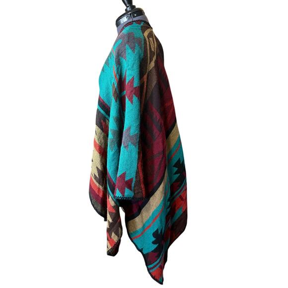 Southwestern Inspired Poncho / Cape Teal Brown Red Tribal Print Western Style OS - Picture 2 of 4